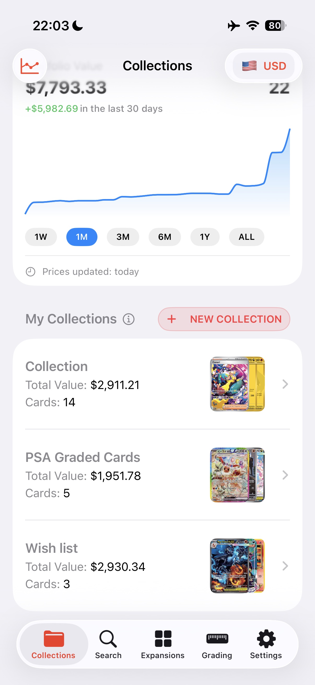 Collections overview in the Pokemon Card Scanner iOS app, showing a $7,793.33 portfolio up $5,982.69 in the last 30 days with a live value chart and three Pokemon collections
